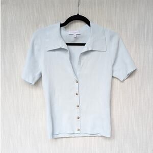 Intermix Light Blue Avery Rib Knit Cotton Polo Short Sleeve Top, size L